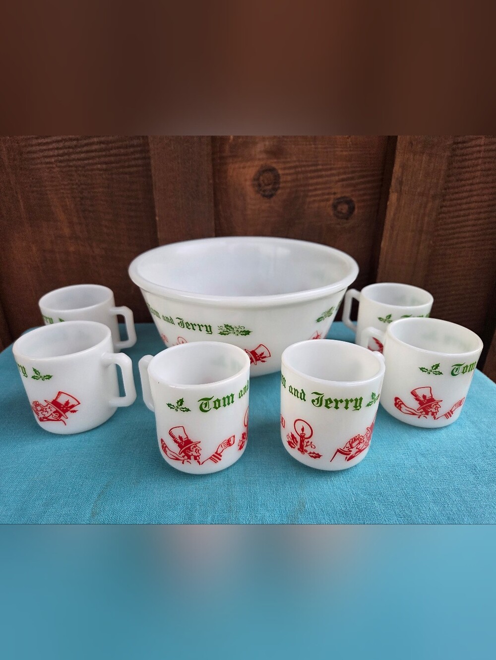 Hazel Atlas Milk Glass Tom and Jerry Christmas Punch Set 1950s Vintage